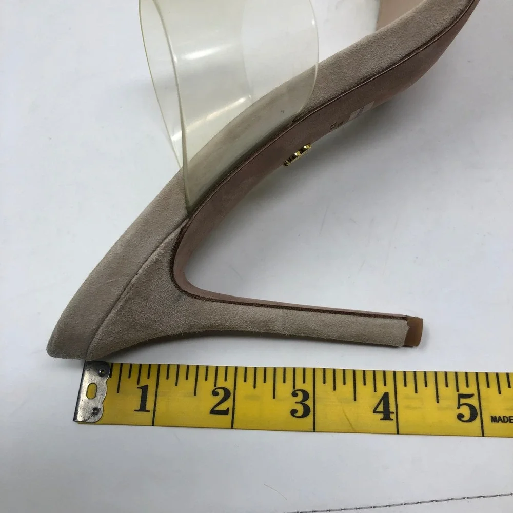 Veronica Beard Asha Sandals Womens 7.5 Tan Suede Clear PVC Double Strap Stiletto